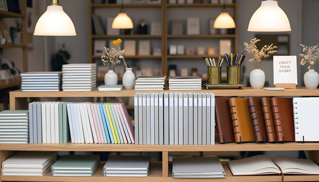 Wooden shelves in a cozy stationery store, pastel colors, and a display of notebooks and writing supplies