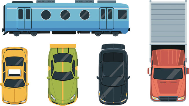 Transportation vehicles vector illustration set, train car truck collection, top view transport icons, isolated background design logistics concept