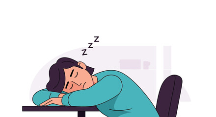 Tired woman sleeping at desk with head on arms in a modern office setting