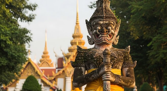 Ancient guardian statue with golden spire architecture outdoors