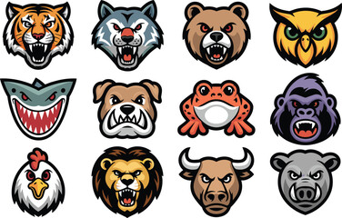 Fototapeta premium Wild animal mascot vector illustration set, predator head logo collection, aggressive wildlife icons, isolated background design esport branding