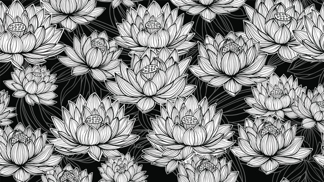 Detailed seamless pattern of white lotus flowers in full bloom with intricate line work on a black background.