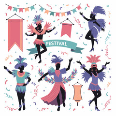 Silhouettes of carnival dancers in vibrant costumes with feathers and headwear, surrounded by festive banners, flags, and confetti, celebrating a festival.