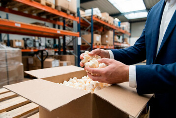 A business professional in a blue suit carefully inspects packing peanuts being poured into an open cardboard box in a warehouse.