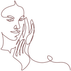 Naklejka premium Portrait of beautiful female model with hands on her face one line drawing. Portrait of beautiful female model with hands on her face single line illustration. 