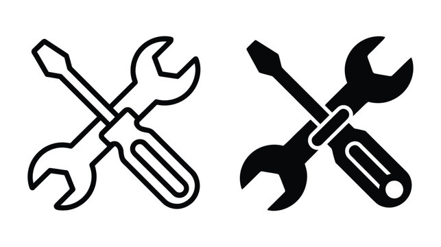 Line art and solid tool icons set featuring a crossed wrench and screwdriver for repair and service concepts. Tools for fixing and maintenance work. 