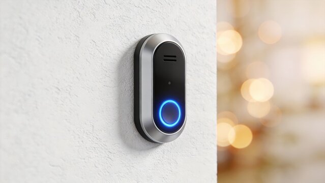Modern smart doorbell with blue LED light installed on white wall,showing home security technology concept for residential safety,smart living,IoT innovation and property protection