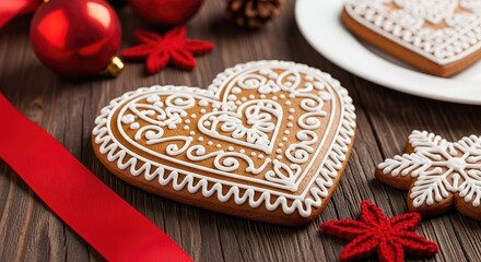 Festive Heart Shaped Gingerbread Cookie Decorated With White Icing On A Rustic Wooden Surface Surrounded By Red Ornaments And Pine Cones A Charming Holiday Treat