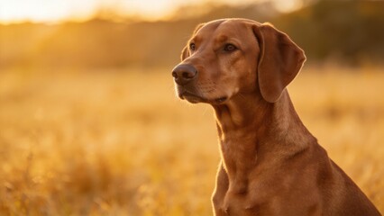 Brown dog portrait sitting in golden field at sunset,calm loyal pet looking into distance,natural outdoor light,companionship,animal behavior,warm emotional countryside atmosphere