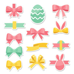Easter Decorations Sticker Set: Cute Flat Design Bows, Ribbon Banners, Pastel Eggs, and Bunny Elements for Spring Holiday Graphics. © wafie studiio
