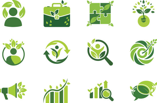 Nature-Inspired Green Business Icons Collection: Sustainable Growth, Eco-Friendly Solutions, Environmental Community, Organic Innovation, Earth Protection, Corporate Responsibility.