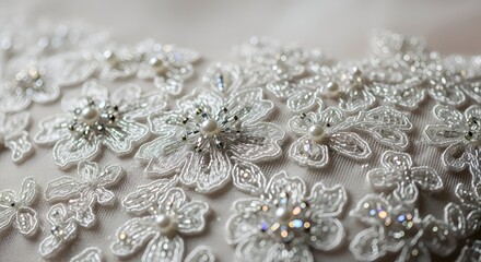Intricate Beaded Lace Wedding Dress Fabric Detail Close Up Soft Focus Elegant Floral Appliques with Pearls and Crystals in Natural Light