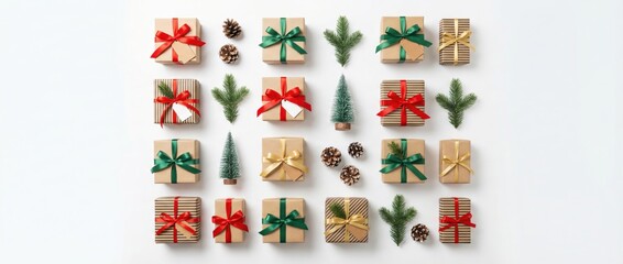 Festive holiday gift presentation modern home creative flat lay minimalistic setting aerial view celebration of giving