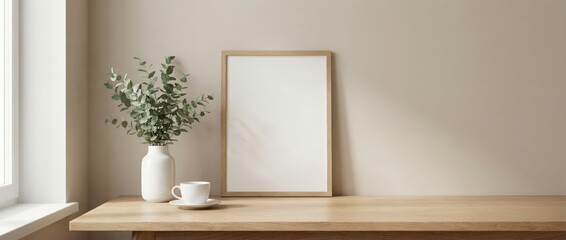 Elegant minimalist home office setup with greenery and blank frame indoor digital art bright and airy environment close-up perspective modern design concepts for tranquil workspaces