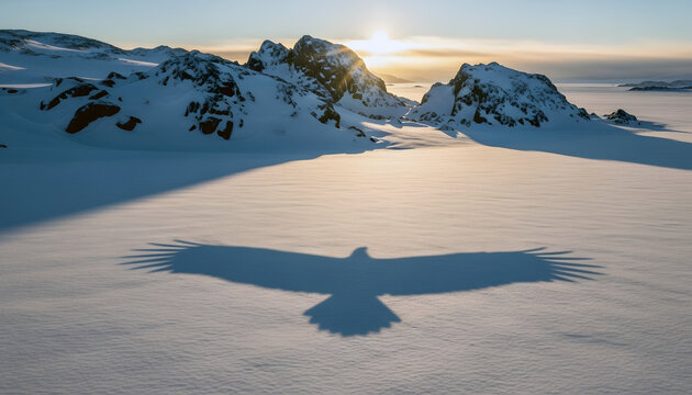 In the rocky Arctic terrain, the shadow of a flying bald eagle falls on the snow, hinting at an invisible American presence