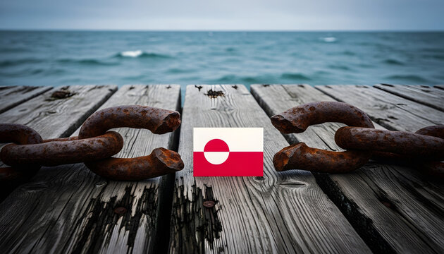 A heavy, rusty iron chain is broken into two pieces, and the Greenland flag symbolizes resilience and refusal to be bound.