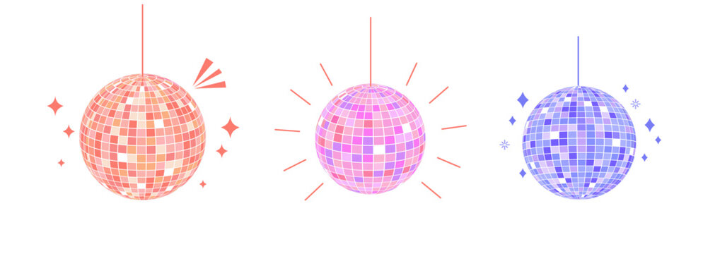 Disco ball set, shiny party mirror glowing party decorations. Gold, pink and silver colors. Glossy discoball in 70s 80s retro style. Party, music, 