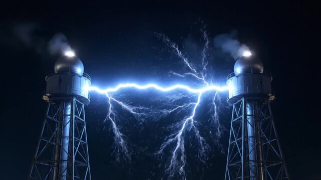Powerful Tesla Coil Lightning Arc Between Towers at Night.