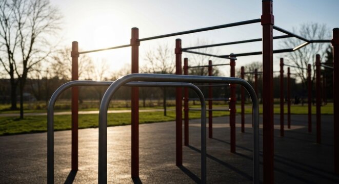 Outdoor fitness equipment silhouetted against the setting sun, in a park setting
