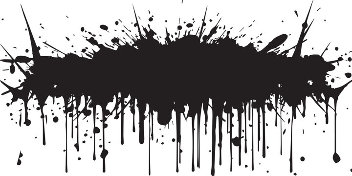 Dynamic black paint splatter with dripping ink effect on white background.