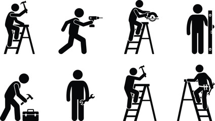 Construction Worker Silhouette Set, Stick Figure Repairman Handyman Building Tools, Carpenter Maintenance Service Professional, Cad Drawing Flat Vector Illustration Collection