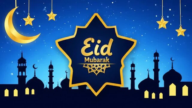 Eid Mubarak Greeting with Mosque Silhouette.