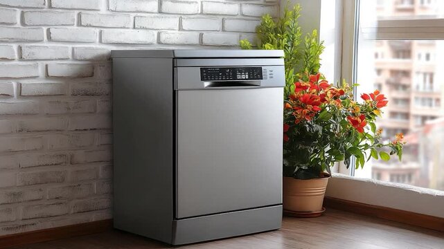 A modern, metallic dishwasher sits by a brick wall and a window with vibrant potted plants