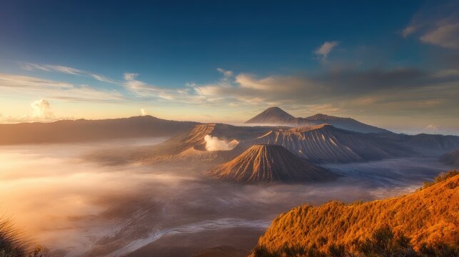 Golden sunrise illuminating Mount Bromo with soft mist rolling through the volcanic valley dramatic clouds wide-angle composition cinematic lighting