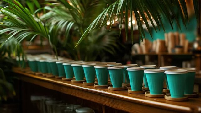 A row of teal coffee cups sits on a wooden counter, with a blurred cafe background and plants