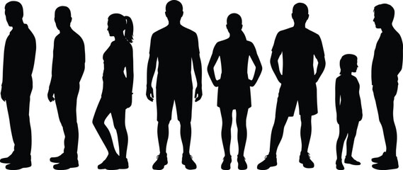 People silhouette lineup set, male female child standing figures, full body human outlines, character scale comparison, group illustration pack © Mst Samsun Nahar