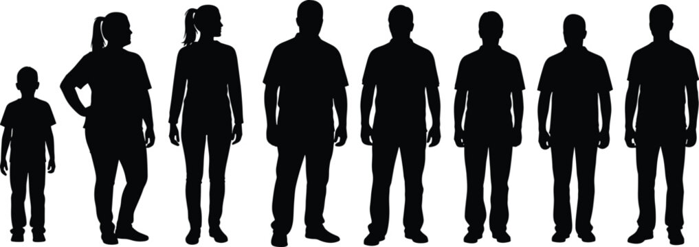 People silhouette lineup, human height comparison from child to adult, male female standing figures, body proportion scale illustration set