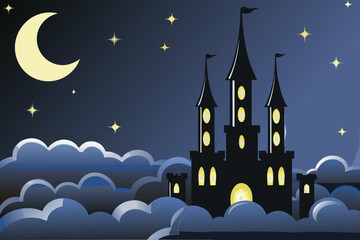 Fototapeta premium A dark silhouette of a castle emerges beneath a crescent moon and