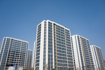 Obraz premium Modern high-rise residential buildings standing under a clear blue sky