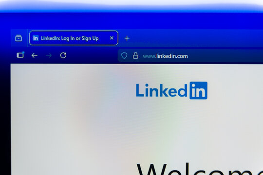 Computer screen showing the LinkedIn login page with the official logo, browser tab, and secure URL bar, representing professional networking, social media for business, and career development.