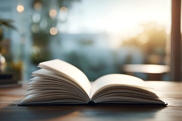 Fototapeta premium Open book pages on wooden table at sunrise
