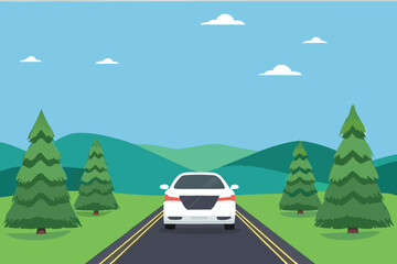 A white car travels down a gray road through a green hilly © MAYENUDDIN