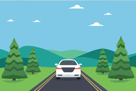 A white car travels down a gray road through a green hilly