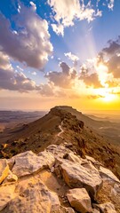 Obraz premium Scenic mountainous landscape bathed in warm sunlight with puffy clouds