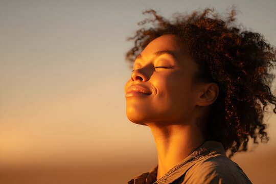 Young woman enjoying sunset with closed eyes