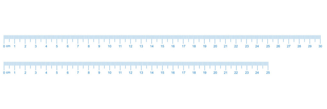 Set of measuring chart with 25cm and 30 centimeters. Collection of ruler scale 250mm and 300mm with numbers. Length measurement math, distance, Sewing tool. Templates of ruler scale