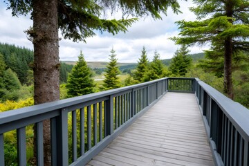 Wooden boardwalk viewing a scenic spruce forest landscape