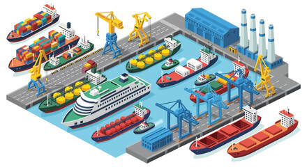 Isometric illustration of a bustling industrial port with various ships and cranes © SERINA AKTHER