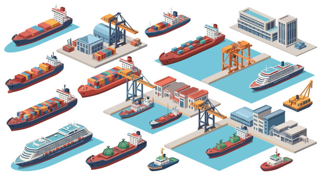 Isometric illustration of a busy shipping port with various vessels