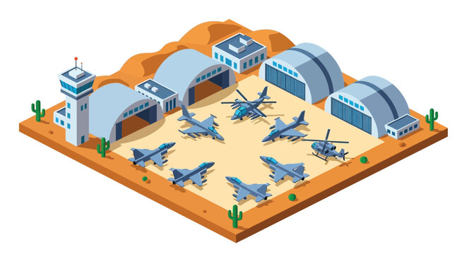 Isometric illustration of a desert airbase with military aircraft and structures