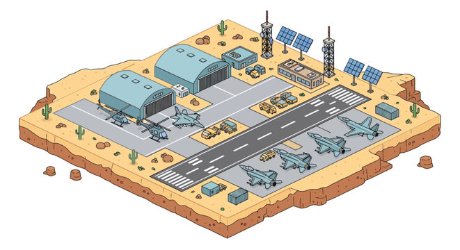 Isometric illustration of a desert airbase with military aircraft and facilities