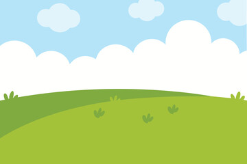 A cheerful cartoon landscape features a bright sun fluffy clouds and green