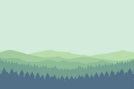 A minimalist landscape featuring layered mountains and a silhouetted forest high quality professional