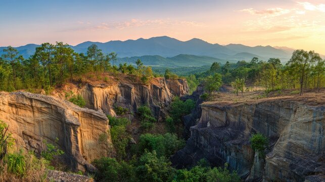 Panoramic vista of the Pai Canyon at dusk Thailand featuring deep gorges layered rock formations and a vast valley below adventurous and dramatic