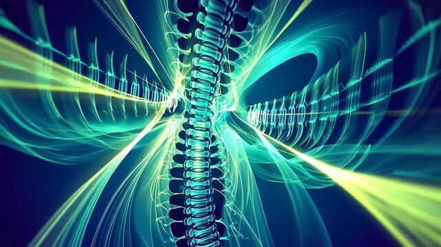 Abstract spine graphic with vibrant teal and lime accents