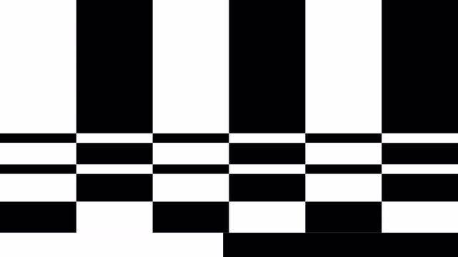 Retro TV mono black and white bars test pattern with static noise and glitches vintage broadcast signal.